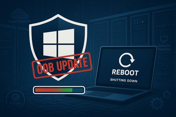 Shielded Windows logo with an OOB UPDATE stamp beside a rebooting laptop in a server-room scene.