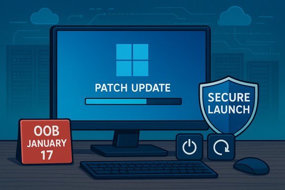 A computer screen shows a patch update in progress with a Secure Launch shield and an OOB January 17 date.