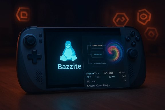 A handheld console displays a glowing Tux logo beside a shader pipeline diagram.