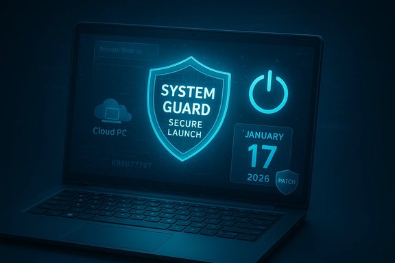 Laptop displays a blue security dashboard with a System Guard shield.