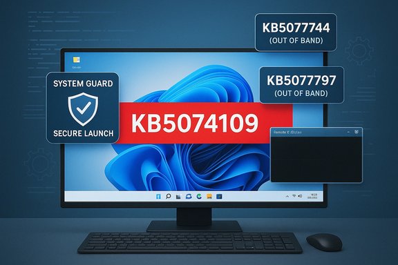 A computer monitor displays a red KB5074109 banner with out-of-band updates and a System Guard badge.