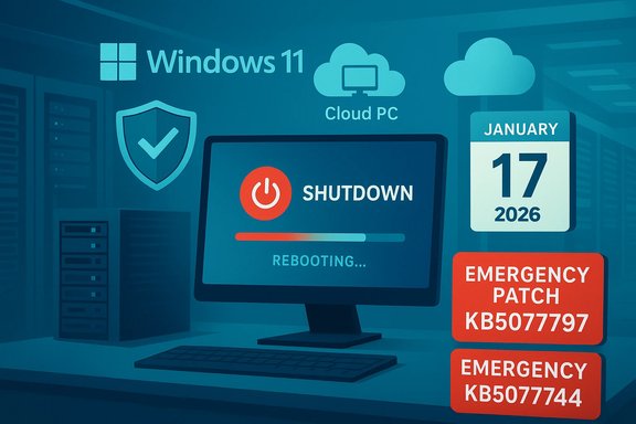 Windows 11 cloud PC dashboard showing a shutdown progress bar and emergency patches.