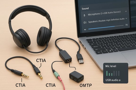 Headphones with CTIA/OMTP adapters and a USB audio dongle arranged on a laptop. Headphones with CTIA/OMTP adapters and a USB audio dongle arranged on a laptop.