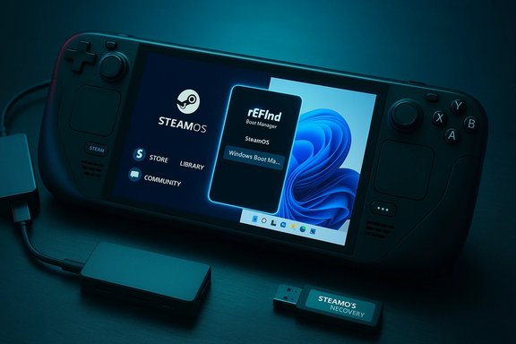 Handheld Steam Deck-style console running SteamOS with a reFind boot manager on screen.