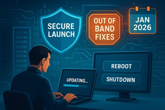 A technician updates a system with secure launch, out-of-band fixes, and reboot/shutdown options.