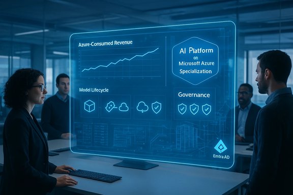 A team examines a glowing holographic dashboard displaying Azure AI platform, governance, and analytics.