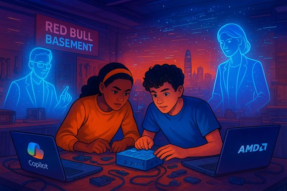 Two kids tinker with a hardware project at a neon-lit basement, watched by ghostly mentors.