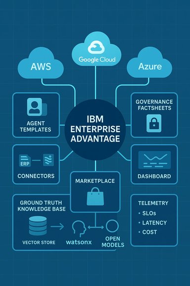 IBM Enterprise Advantage links AWS, Google Cloud, and Azure with Marketplace, Dashboard, Open Models.