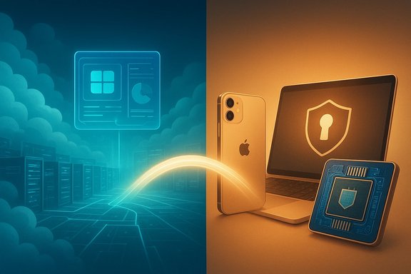 Split-screen tech scene of blue cloud servers transferring data to Apple devices with a security shield.