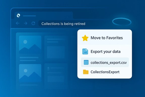 Blue UI screen showing a retirement notice for Collections and a pop-up menu with Move to Favorites and export options.
