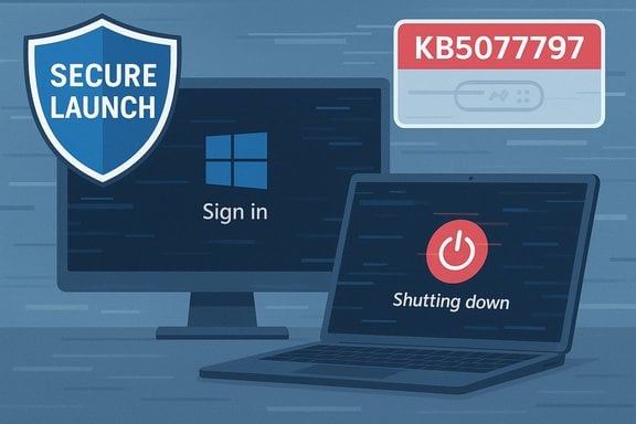 Security-themed illustration showing a Secure Launch shield, Windows sign-in on a monitor, and a laptop shutdown screen.