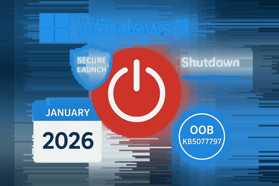 Windows 11 startup/shutdown concept featuring a large power button and security icons.