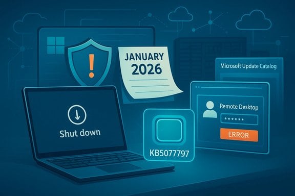 A blue-tech collage showing a shutdown laptop, warning shield, and update/error panels.