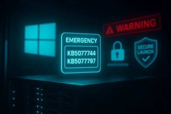 Neon emergency sign showing codes KB5077744 and KB5077797 in a dark data center.