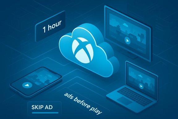 Blue isometric cloud computing scene showing ads before video plays on devices with a Skip Ad button.