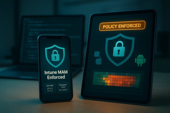 Phone and tablet display Intune MAM-enforced security policy with shield and lock icons.