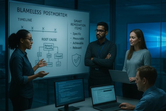 Team presents a blameless postmortem on a whiteboard during a tech office meeting.