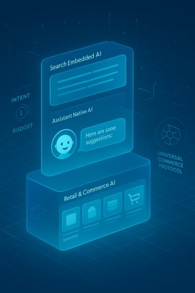 Blue 3D infographic of an AI stack for retail and commerce with embedded AI search.