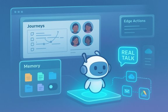 A friendly chatbot avatar sits on a futuristic dashboard with charts, memory icons, and a Real Talk bubble.