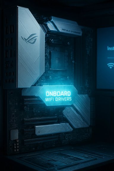 A futuristic PC motherboard glowing with blue light and an ONBOARD WIFI DRIVERS badge.