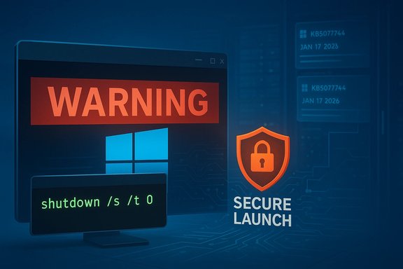 Screen shows a WARNING, Windows logo, shutdown command, and a Secure Launch shield.