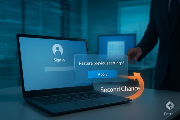 Laptop sign-in screen with a Restore previous settings? Apply prompt and an orange Second Chance arrow.