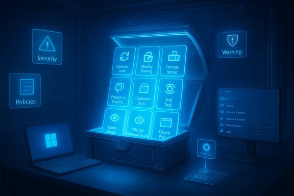 A futuristic blue holographic control panel displaying security icons, with a Windows laptop nearby.