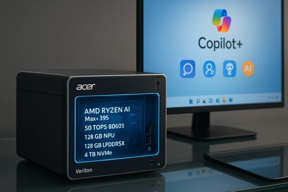 Acer Veriton mini PC displays AMD Ryzen AI specs beside a Copilot+ monitor.