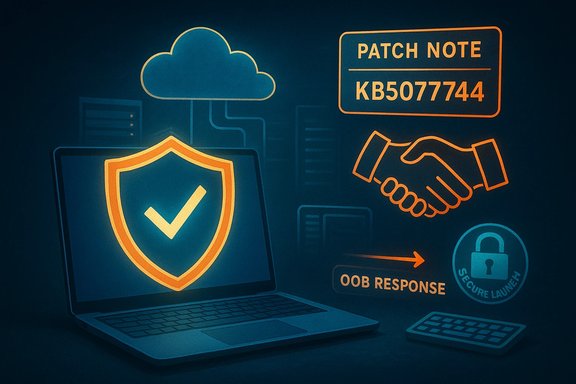 Cybersecurity illustration with a glowing laptop shield, cloud, patch note, and handshake icons.