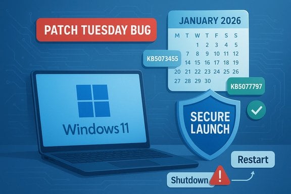 Windows 11 laptop displays patch Tuesday bug, calendar, shield, and restart/shutdown alerts.