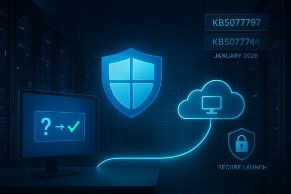 Blue-toned data center scene showing shield, cloud, and lock icons for secure cloud launch.