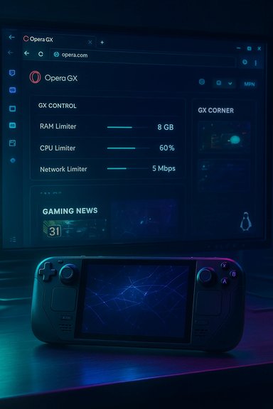 Neon-lit handheld console on a desk, with Opera GX displayed on a monitor in the background.