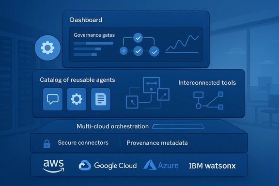 Blue dashboard infographic showing multi-cloud orchestration with reusable agents and cloud providers. Blue dashboard infographic showing multi-cloud orchestration with reusable agents and cloud providers.