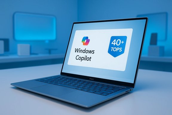 A Dell laptop displays Windows Copilot with a 40+ TOPS badge.