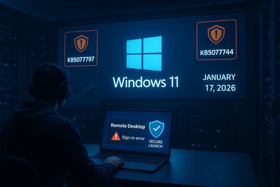 A technician monitors Windows 11 security alerts on a wall display while using a laptop.