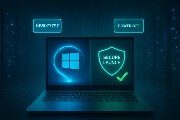 Split-screen laptop showing Windows startup on the left and a Secure Launch shield on the right.