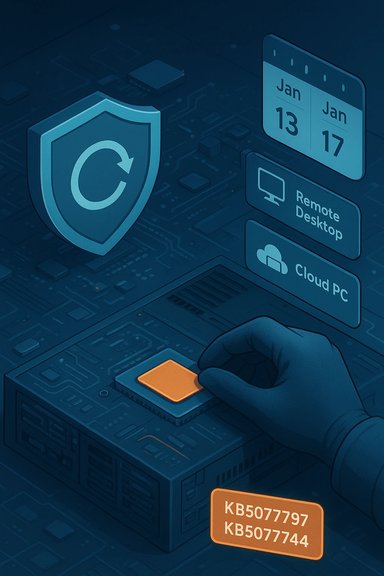 A hand presses a processor on a circuit board, beside icons for security shield, calendar, cloud PC, and remote desktop.