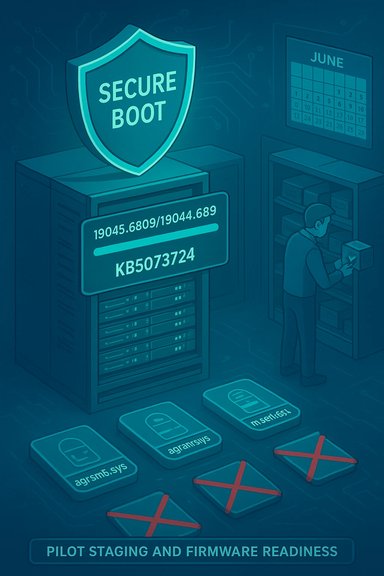 Secure Boot shield over a server signals pilot firmware staging.