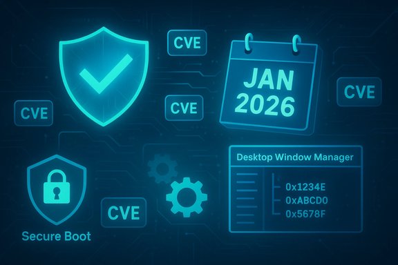 Cybersecurity-themed illustration showing CVEs, security shields, Secure Boot, and a Jan 2026 calendar.