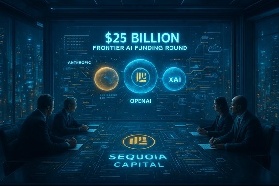 Futuristic boardroom advertising a $25B Frontier AI funding round for OpenAI, Anthropic, and XAI.