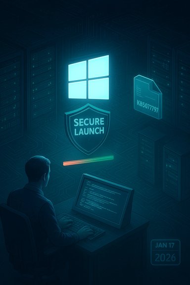 A programmer at a laptop in a server room, with a glowing Windows logo and a 'Secure Launch' shield.