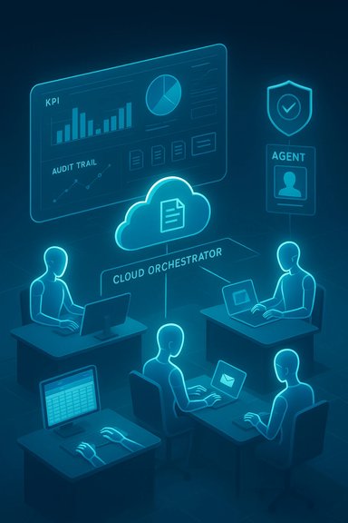 Futuristic cloud orchestration hub with team monitoring dashboards and security icons.