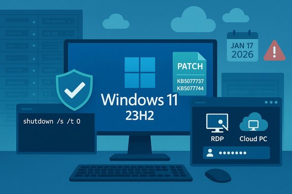 Windows 11 23H2 patch update shown on a desktop with a security shield and cloud/RDP icons.