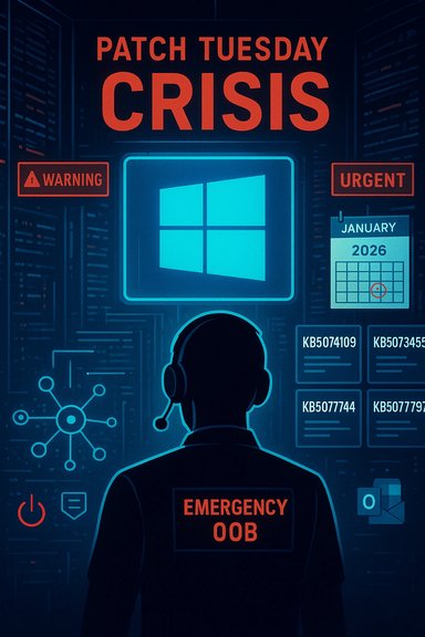Neon-lit crisis scene as a lone operator monitors a Windows-based cyber emergency on Patch Tuesday.