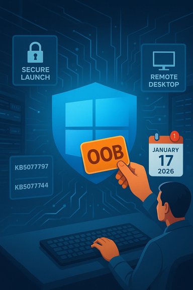 A person at a computer holds an orange OOB card before a Windows shield in a cybersecurity scene.