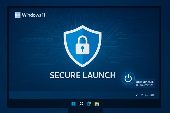 Windows 11 secure launch screen featuring a shield emblem on a blue circuit background.