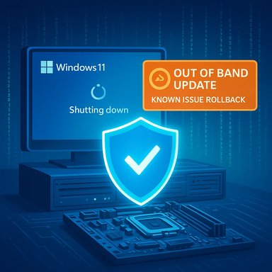 Windows 11 shutdown screen with an orange 'Out of Band Update' banner and a glowing shield icon.