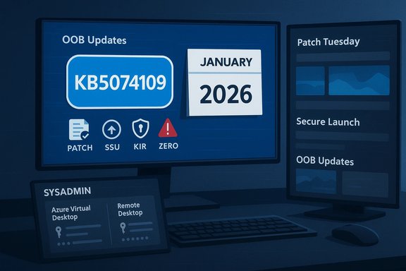 Blue IT dashboard highlights OOB Updates with KB5074109 and a January 2026 calendar.