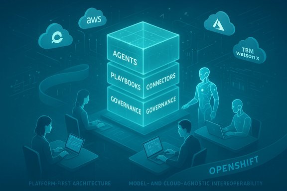Glowing stack labeled AGENTS, PLAYBOOKS, CONNECTORS and GOVERNANCE, with people coding around. Glowing stack labeled AGENTS, PLAYBOOKS, CONNECTORS and GOVERNANCE, with people coding around.