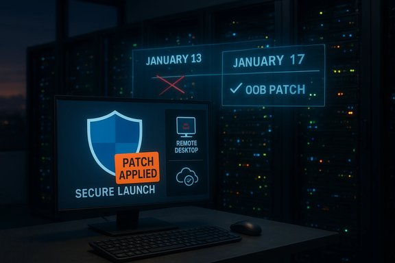 Data-center workstation displays “Patch Applied” on a secure-launch screen.